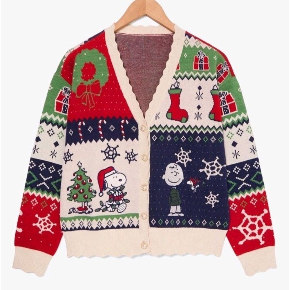 NEW 2025 Peanuts Snoopy & Charlie Brown Holiday‎ Patchwork Womens Cardigan 2XL